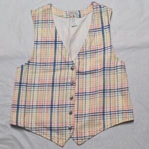 Vintage 90s Pastel Plaid Cottagecore Button Up Vest Festival Spring Sz M